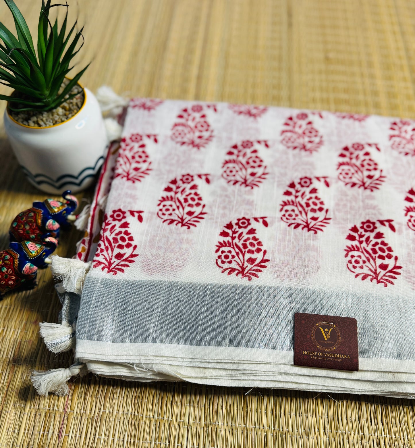 White & Maroon Hand block Linen Saree