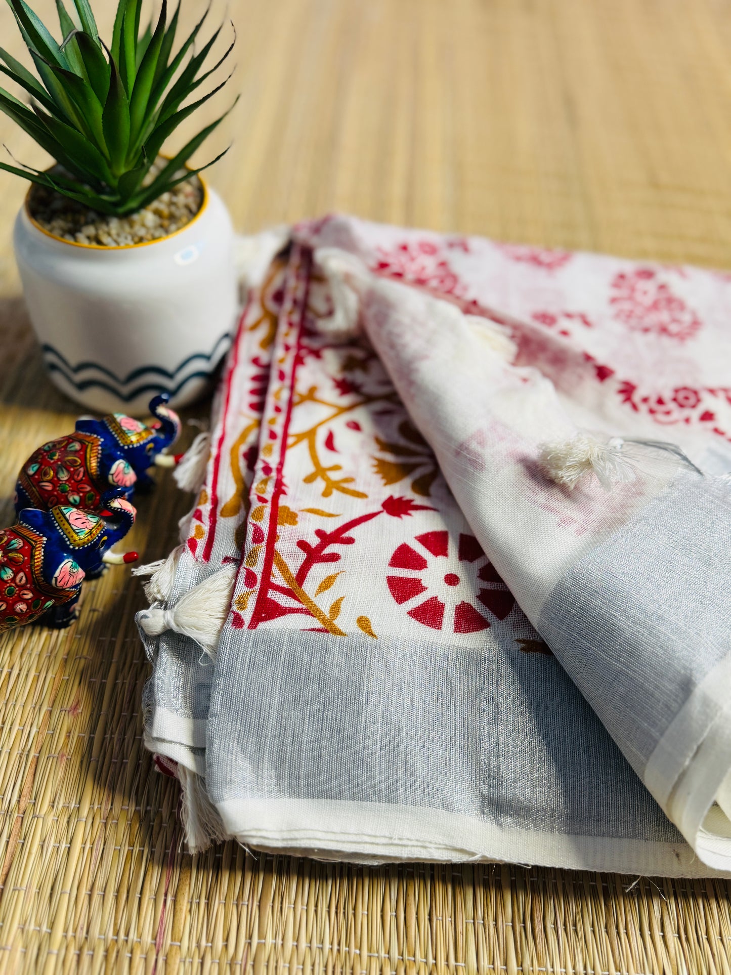 White & Maroon Hand block Linen Saree