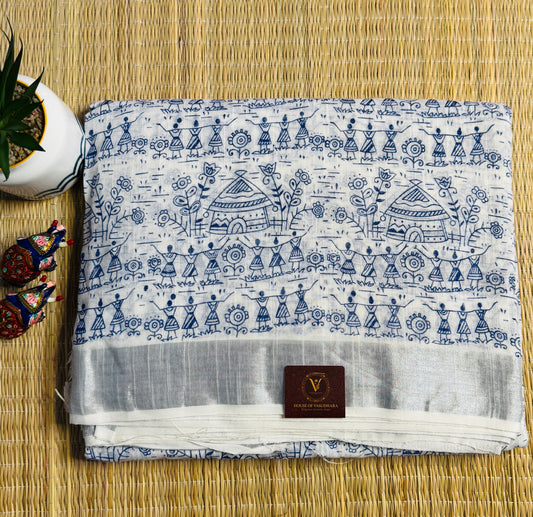 White & Blue Hand block Linen Saree