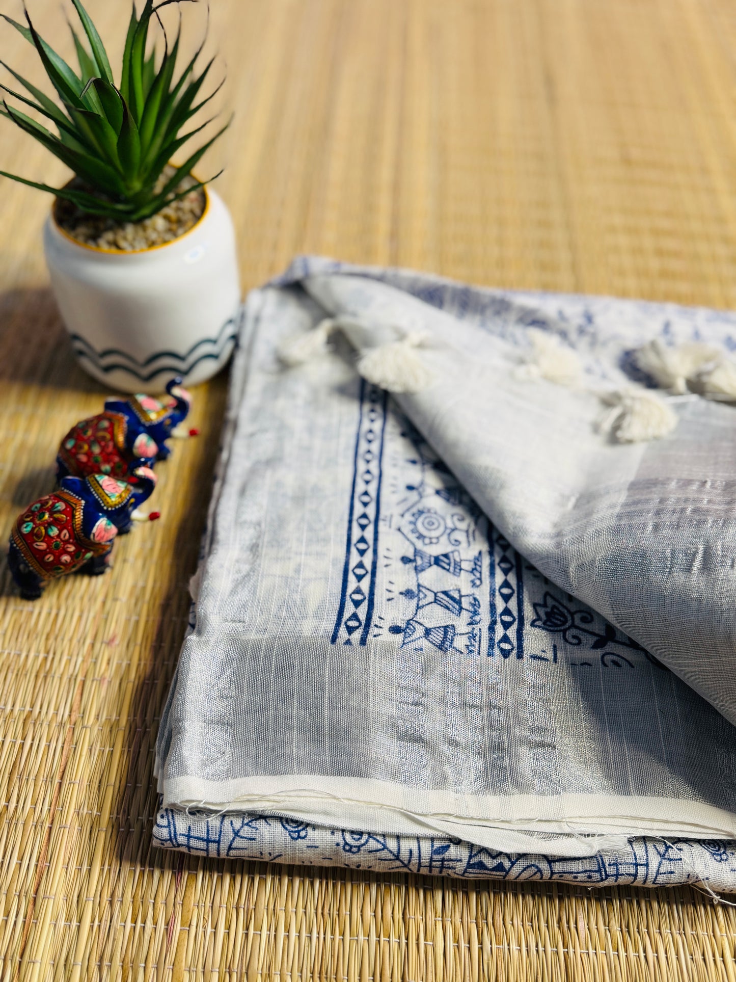 White & Blue Hand block Linen Saree