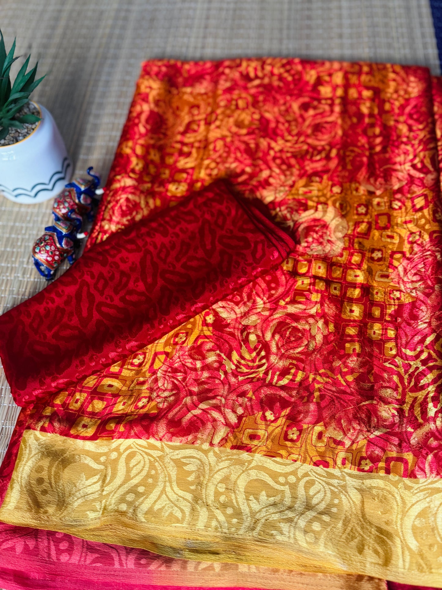 Red & Yellow Satin finish Georgette saree