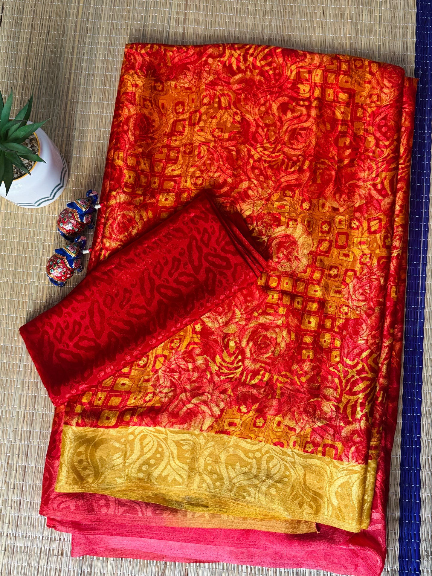 Red & Yellow Satin finish Georgette saree