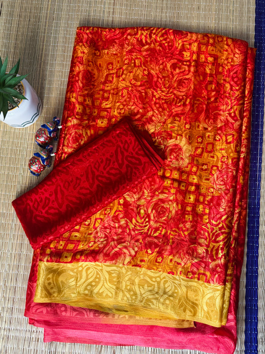 Red & Yellow Satin finish Georgette saree
