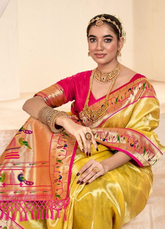 Lemon yellow soft tissue paithani silk saree
