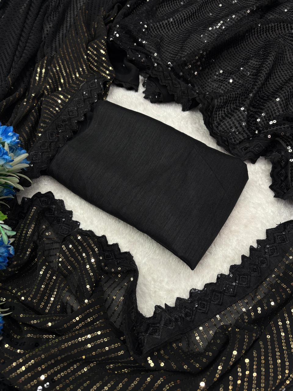 Black georgette saree with sequence and lace border