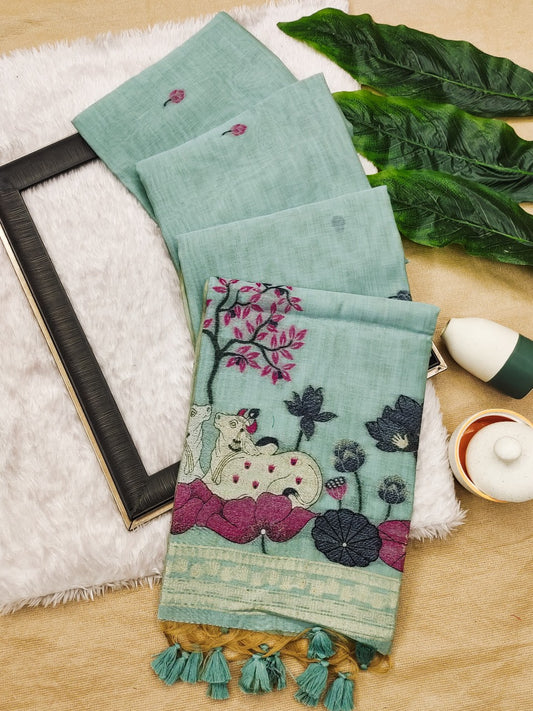 Teal premium Muga cotton saree with resham pichwai pallu