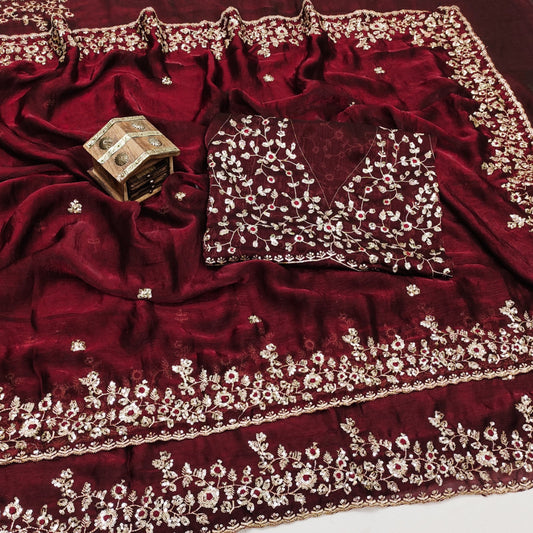 Maroon chiffon saree with sequence and cut work border