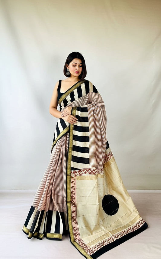 Multi colour Pure Maheshwari silk saree with bagru handblock print