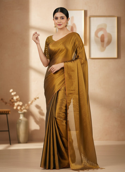 Golden tissue silk saree with embellished look