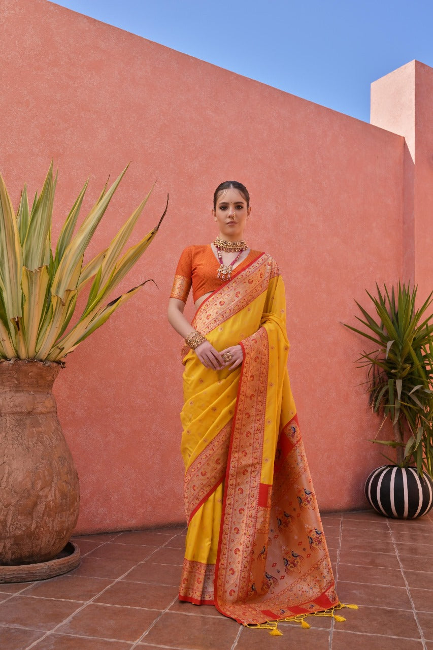 Yellow and Orange Banarasi Paithani silk
