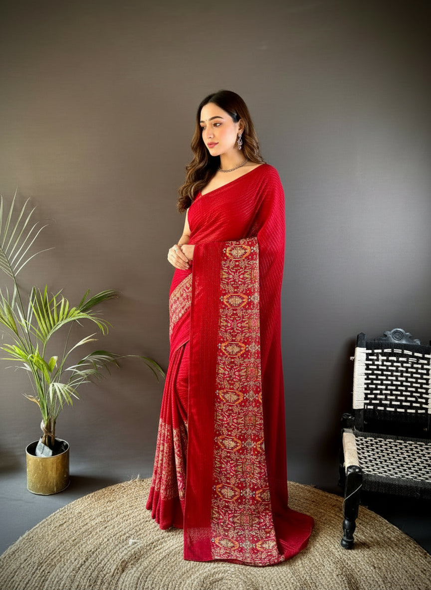 Red georgette saree with sequence work