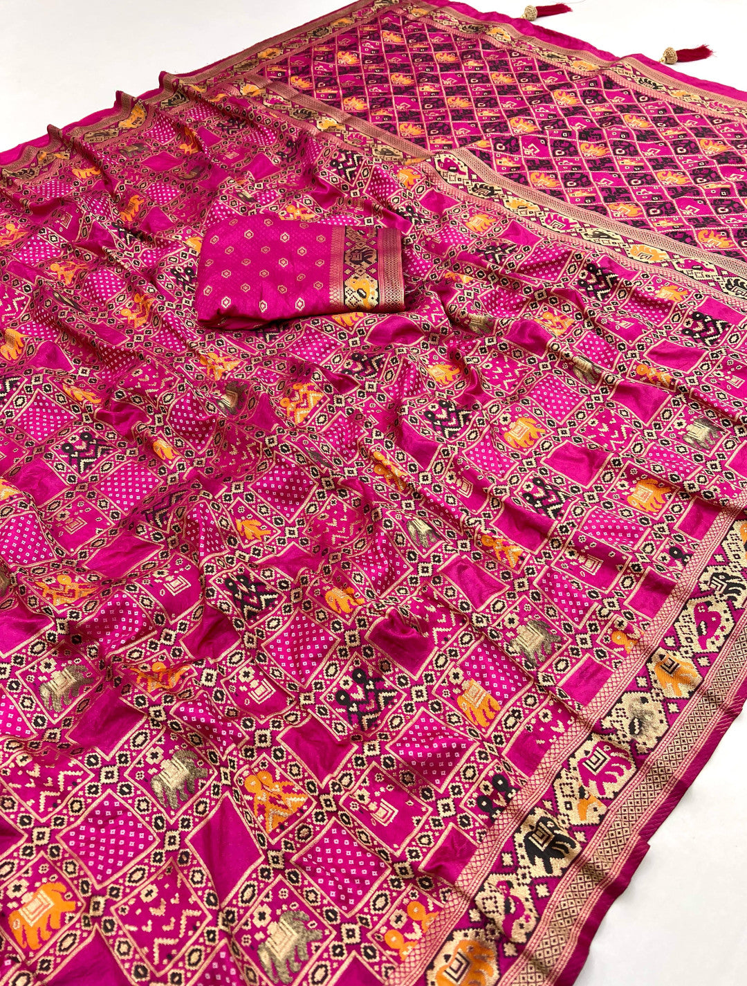 Rani Pink Ikkat Patola silk saree with Meenakari work