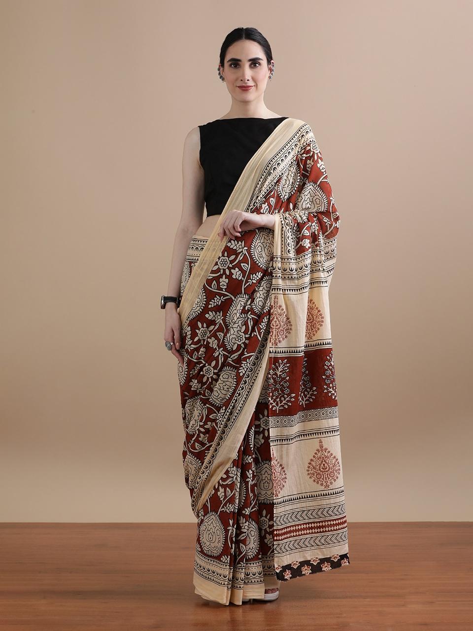 Brown & Beige pure Mulmul cotton saree with bagru hand block print