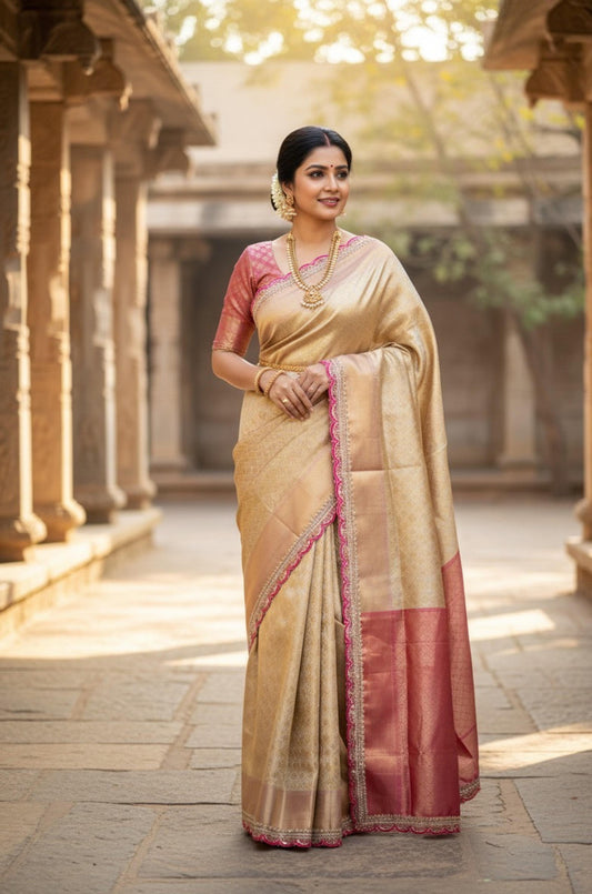 Gold soft tissue silk saree with lace border