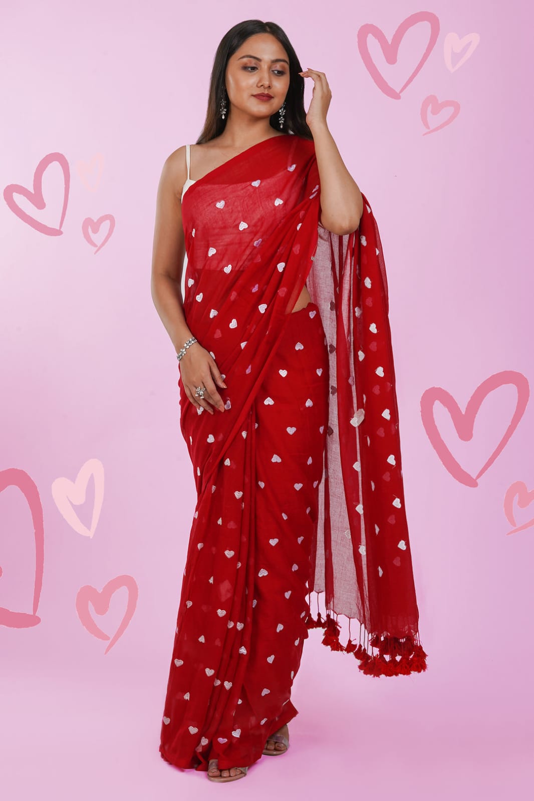 Red Tussar silk saree with embroidery & cutwork border