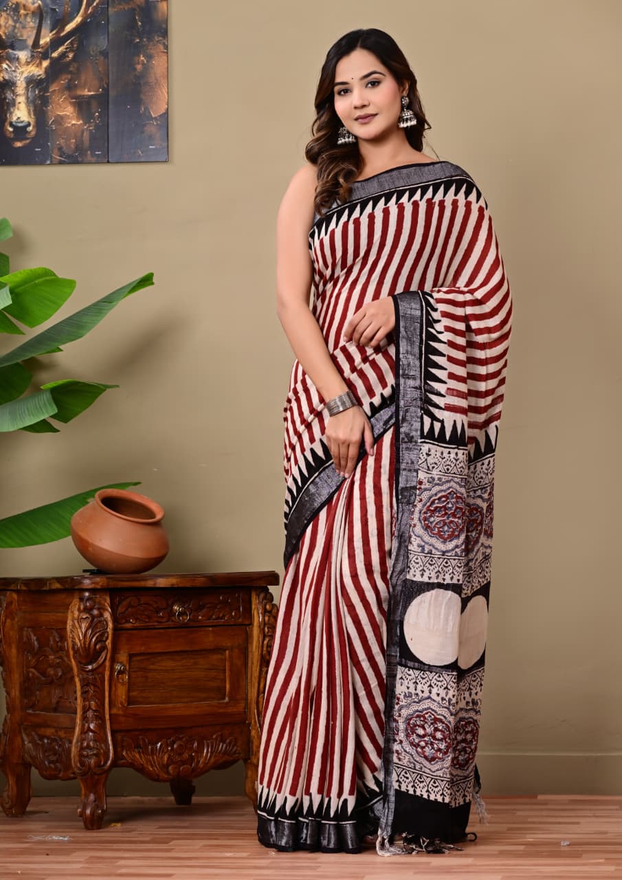 Red and black Linen Saree
