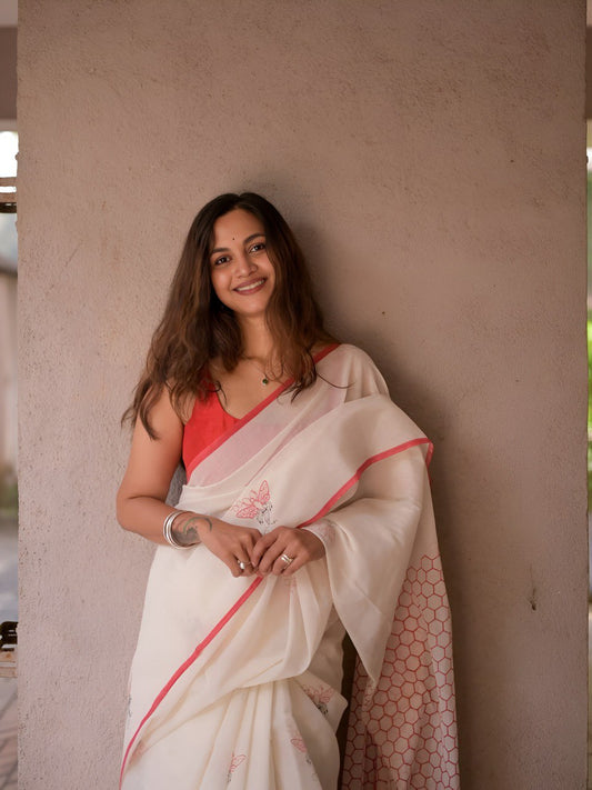 White Linen Saree with Bee and honeycomb Digital print