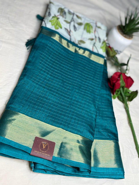 White and Blue 2D Semi crepe silk in half and half pattern