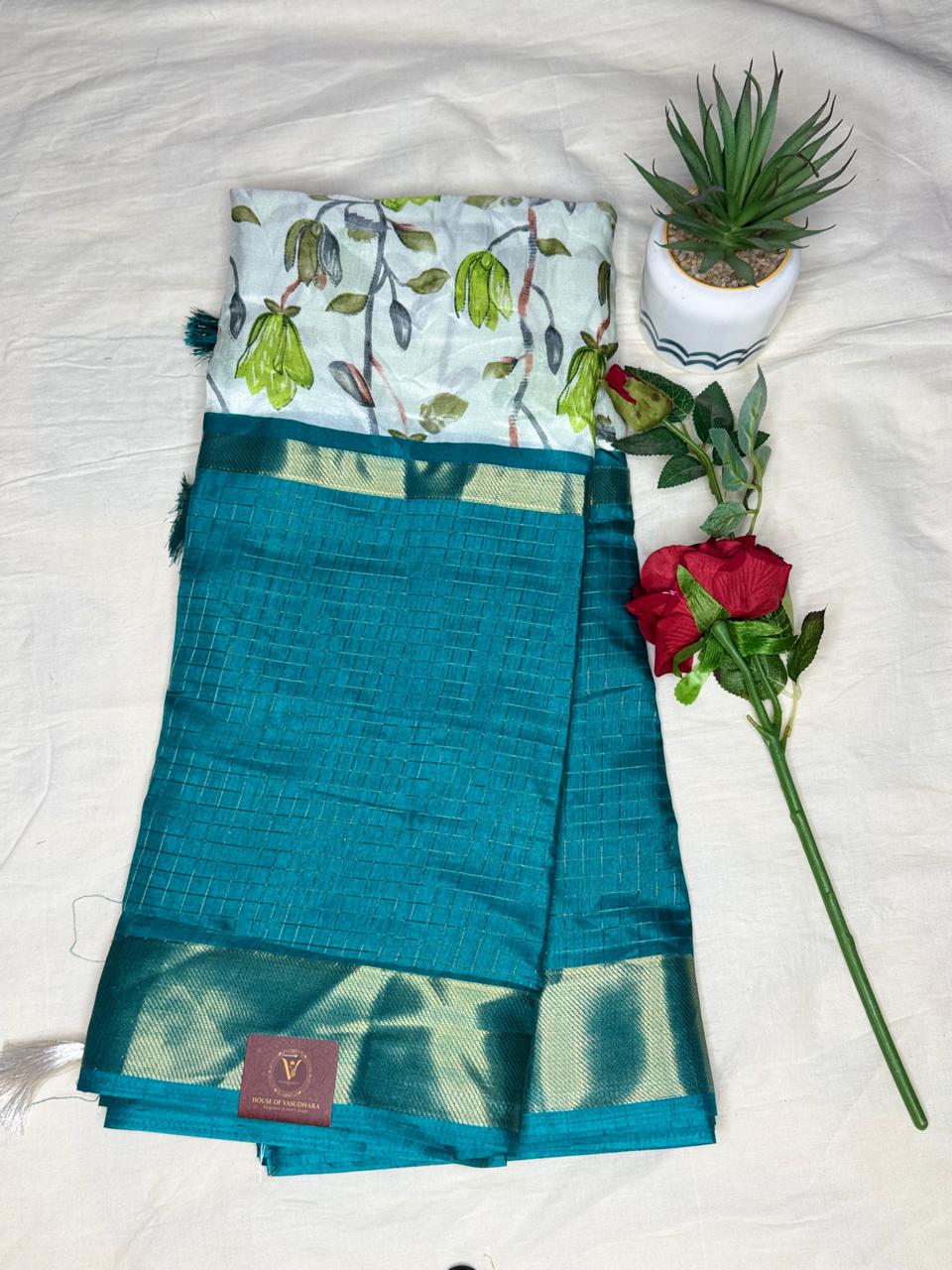 White and Blue 2D Semi crepe silk in half and half pattern