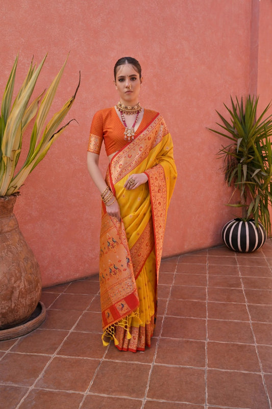 Yellow and Orange Banarasi Paithani silk