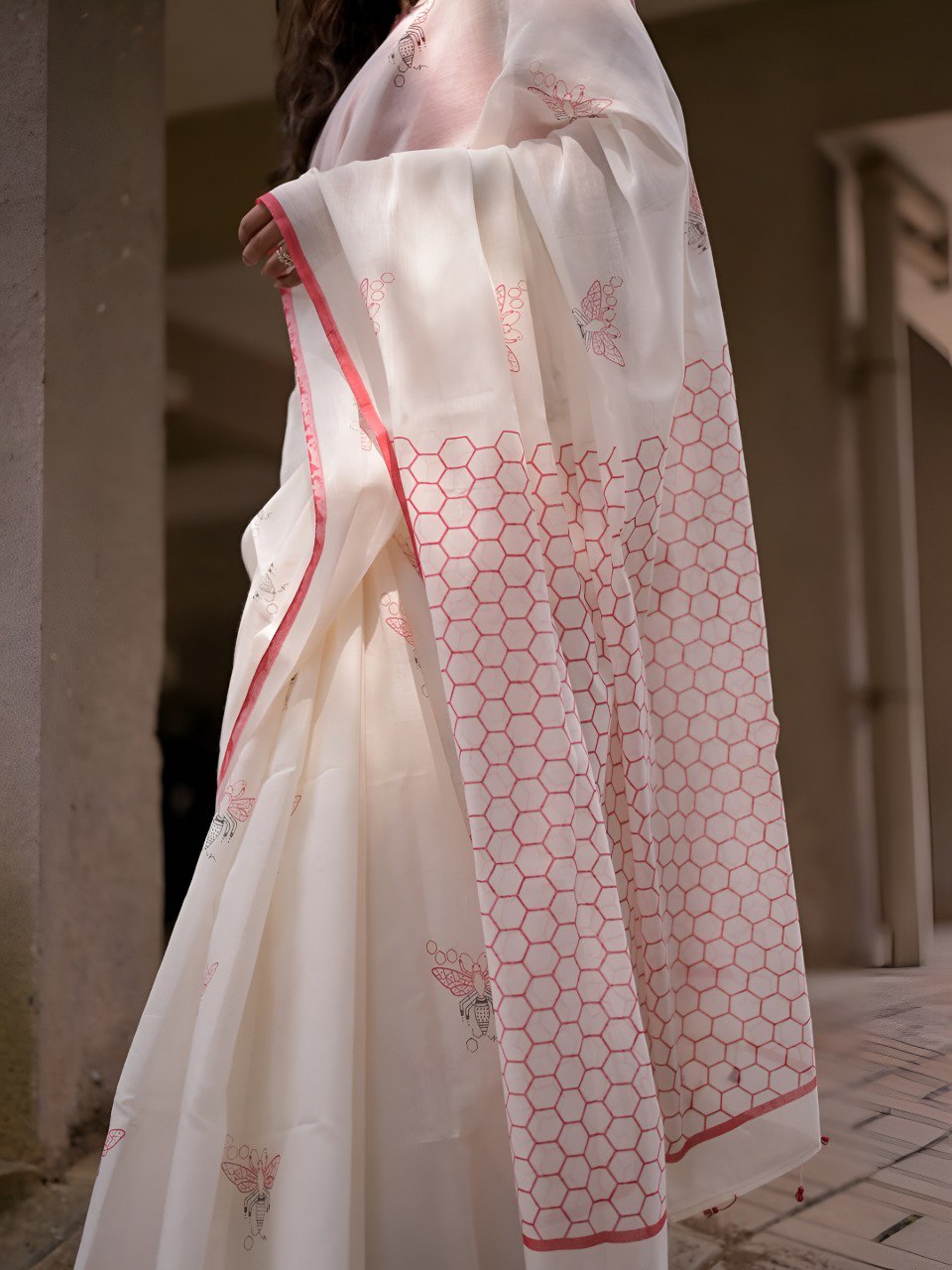 White Linen Saree with Bee and honeycomb Digital print