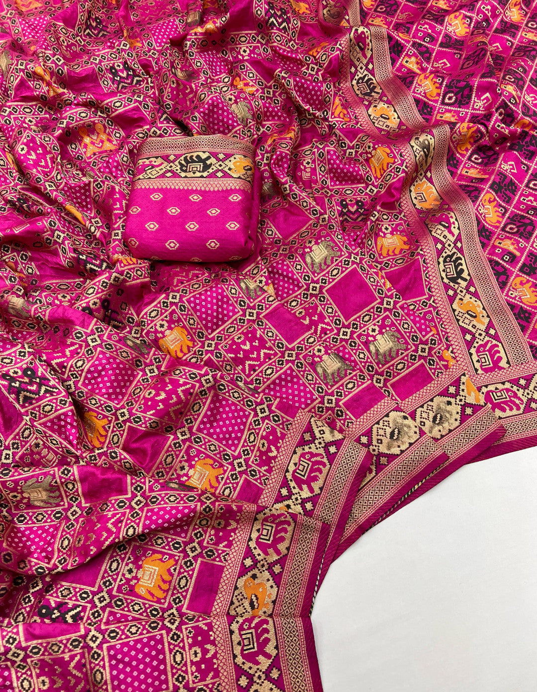 Rani Pink Ikkat Patola silk saree with Meenakari work