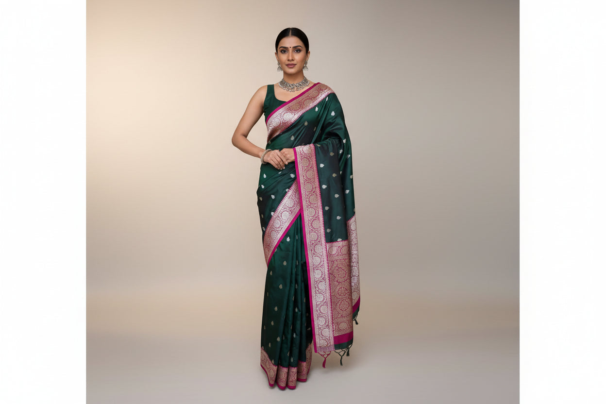 Green and pink Pure Banarasi Silk saree