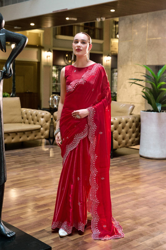 Red tissue silk saree with Scallop border