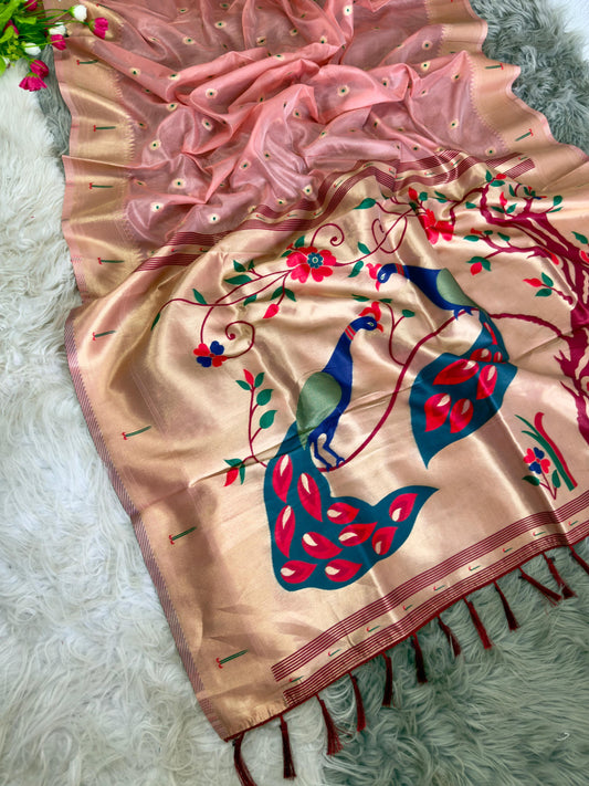 Peach organza tissue silk saree