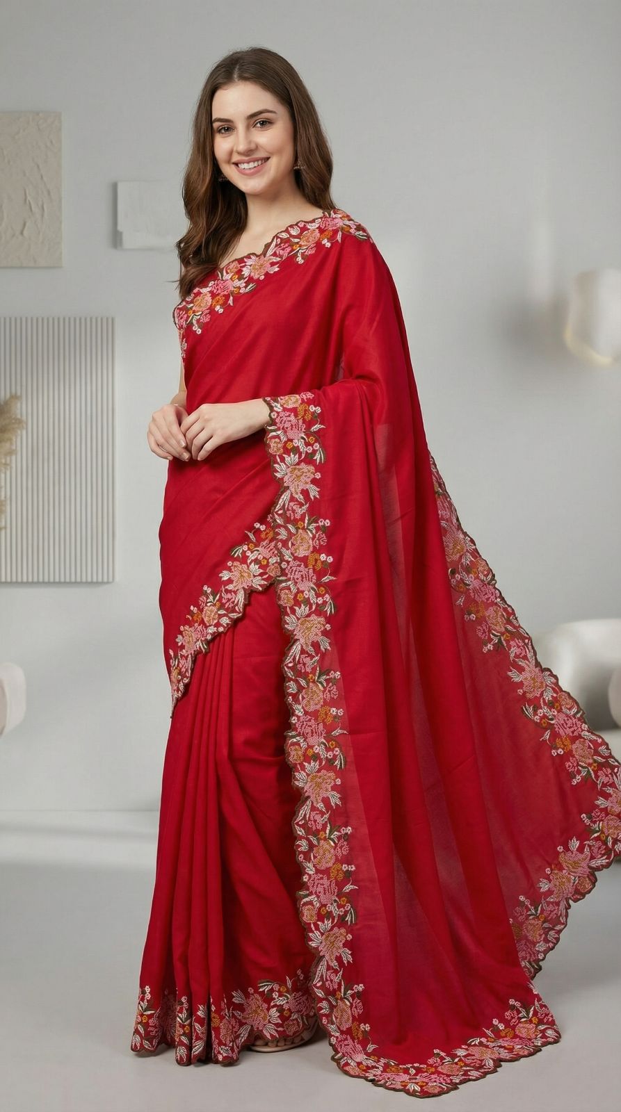 Red Tussar silk saree with embroidery & cutwork border