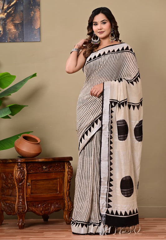 Black and off white Linen Saree
