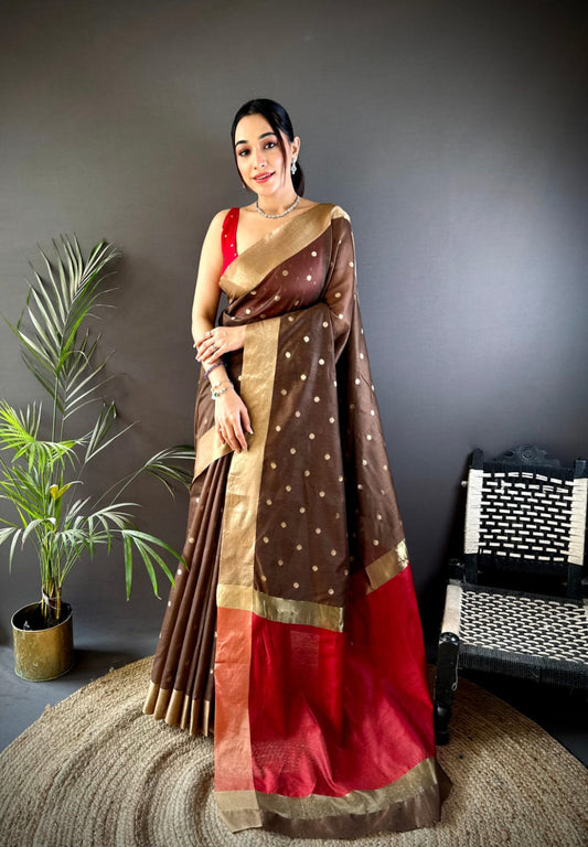 Brown and Red cotton saree with Buttas and Border
