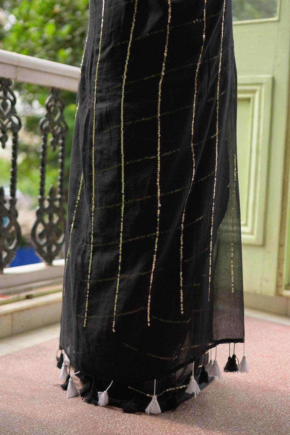 Black Pure Mulmul cotton saree with sequence work