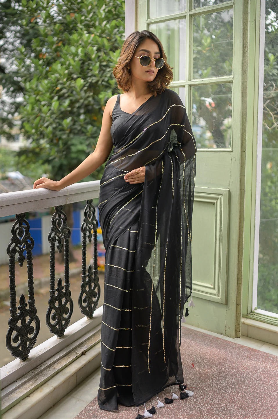 Black Pure Mulmul cotton saree with sequence work