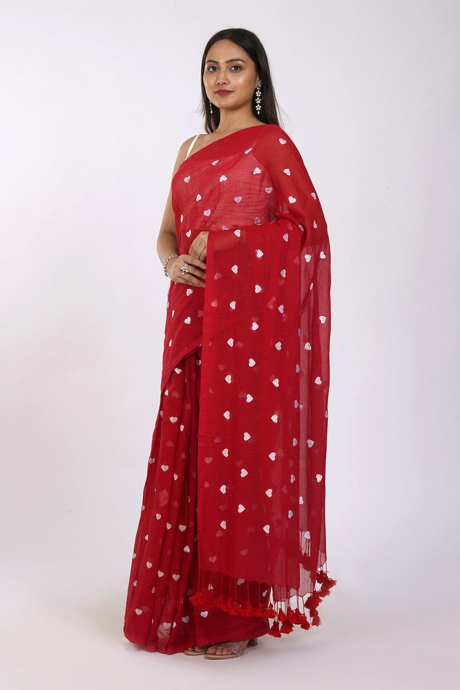 Red Pure Mulmul cotton saree with embroidery hearts