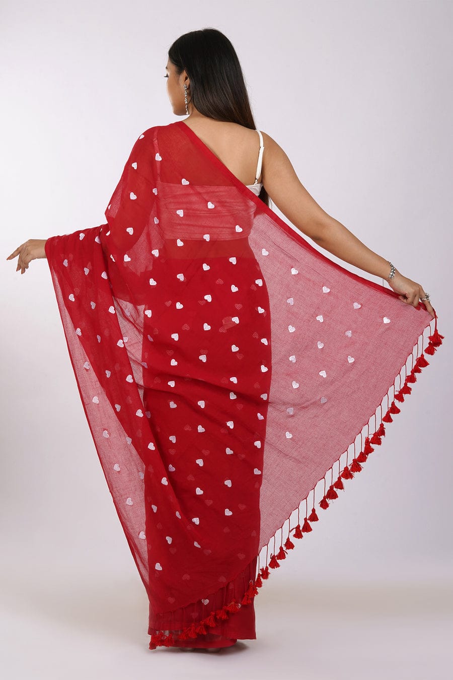 Red Tussar silk saree with embroidery & cutwork border