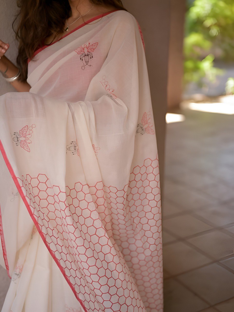 White Linen Saree with Bee and honeycomb Digital print